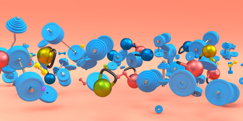 Flying and folling sport equipment like kettlebell barbell and dumbbell on pink