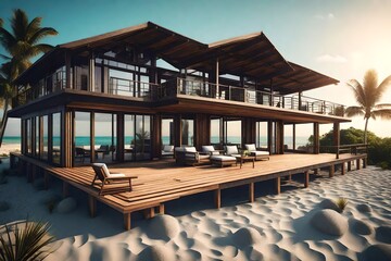 Beachfront bungalow with a wide deck overlooking the ocean - AI Generative - obrazy, fototapety, plakaty