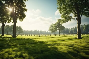 Obraz premium Big american military cemetery with perfect green grass. Generative Ai.