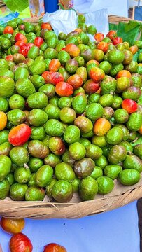 A basket filled with jocote fruit, also known as sineguela, siriguela, red plum, purple mombin, hog plum, and little bone plum. Scientific name: Spondias purpurea.
