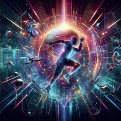 Obraz premium Neon Spectacle: Mesmerizing Sports Poster Designs in Digital 3D Rendered Style, Spotlighting the Sports Stadium