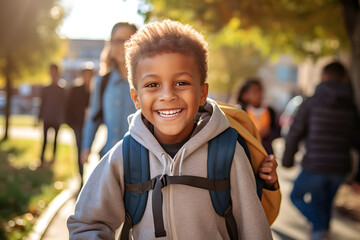 Happy and smiling little boy carrying a backpack going back to school - obrazy, fototapety, plakaty