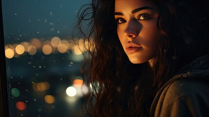 Emotive visual: A stunning dark-haired girl with freckles in a close-up portrait, her gaze looking down on a city street, representing the beauty in diversity and natural allure