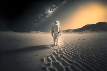 lonely astronaut walking towards the horizon of a distant planet cinematic deep space landscape long exposure dark sky darkness and light de villeneuve white colors Kodachrome  - obrazy, fototapety, plakaty