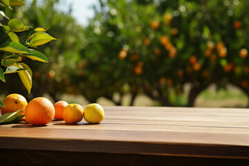 Fresh oranges. Empty wood table with free space over orange trees. Generative AI