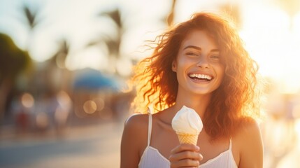 A beautiful woman with wavy hair walks on the beach on a summer day, laughing and holding an ice cream