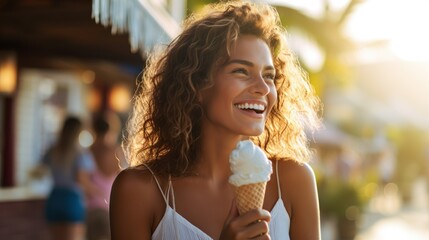 A beautiful woman with wavy hair walks on the beach on a summer day, laughing and holding an ice cream
