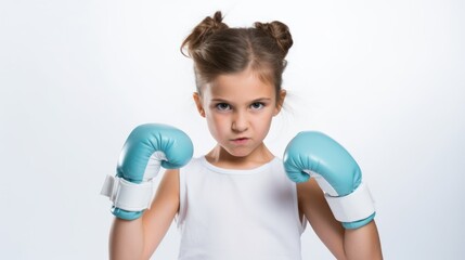 An angry girl with a blue boxing glove on her face - obrazy, fototapety, plakaty