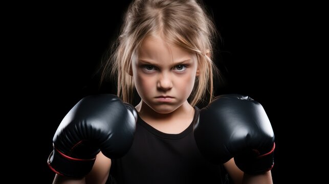 An angry girl with a black boxing glove on her face