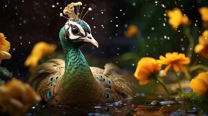Deurstickers shot of peacock with green flowers, with water drops,in natural light rainy season © Sarina