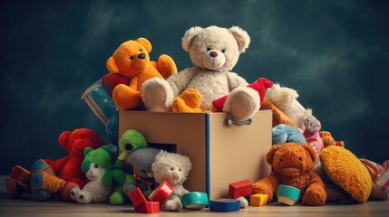 Joyful image: A toy donation box filled with the promise of children's smiles, embodying the spirit of charity and support for kids - obrazy, fototapety, plakaty