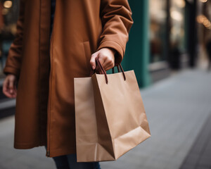 A woman holding a brown shopping bag
