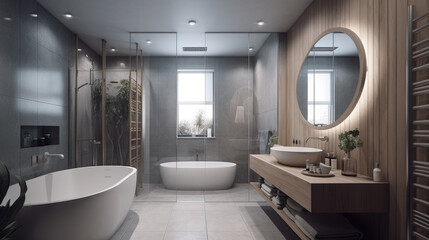 Fototapeta na wymiar Modern bathroom with a bathtub and sink.