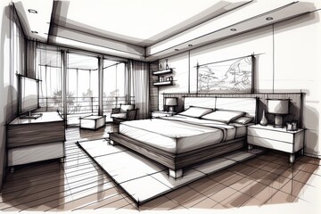 Interior design of a bedroom in a luxury apartment. Sketch drawing, blueprint design. Generative Ai