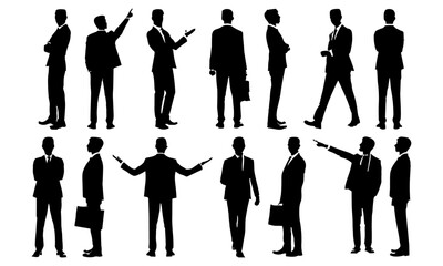 Modern businessman silhouette bundle, standing in different positions. Male employees wearing official dresses and standing. Anonymous male model silhouette collection on a white background.