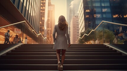 a modern businesswoman's legs as she confidently climbs a staircase in the heart of a bustling city. ample space around the image for text describing her determination and ambition. - obrazy, fototapety, plakaty
