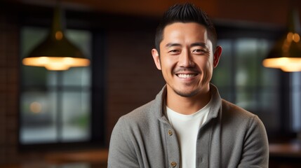 Obraz premium Young Asian man sitting in the comfortable armchairs of a cafe and posing smiling