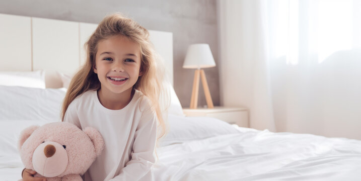 Little girl posing in bed with her teddy bear