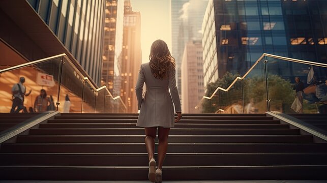 a modern businesswoman's legs as she confidently climbs a staircase in the heart of a bustling city. ample space around the image for text describing her determination and ambition.