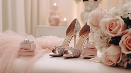 a pair of pristine white high heel bridal shoes on a white surface for a minimalistic, elegant composition that embodies the essence of a wedding.