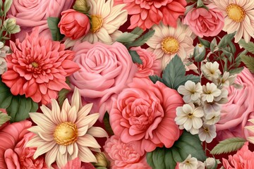 Illustrated floral pattern with roses, chrysanthemums, and daffodils on a sheet. Seamless, 3D artwork for business and advertising. Generative AI