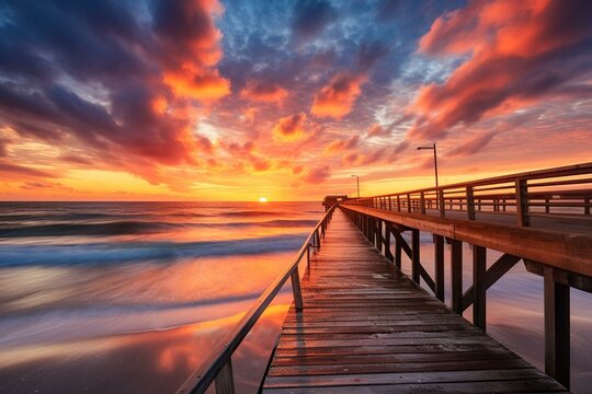 Beautiful sunrise; Atlantic ocean; fishing pier; Amelia Island, Florida. Generative AI