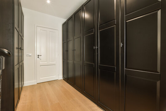 Black wardrobes by white closed door in room