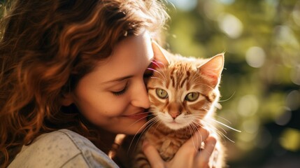 Young woman hugging her cat outside