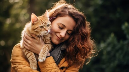 Young woman hugging her cat outside