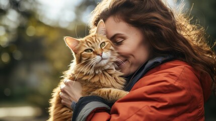 Young woman hugging her cat outside - obrazy, fototapety, plakaty