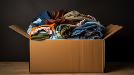 A box filled with clothing ready for donation and reuse, promoting the idea of sustainable and charitable fashion choices - obrazy, fototapety, plakaty