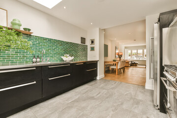 Kitchen with black cabinets and green tile wall
