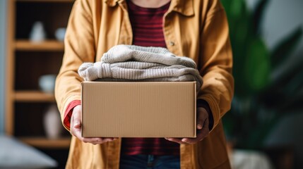 Heartwarming image: An unrecognizable woman holding a box of clothes, a close-up capturing the essence of charitable giving and support