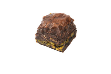 Turkish chocolate baklava isolated on white background.
