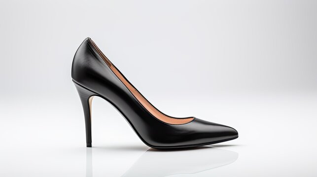a pair of black leather high heel shoes with a timeless design, against a clean white background to emphasize their classic elegance.