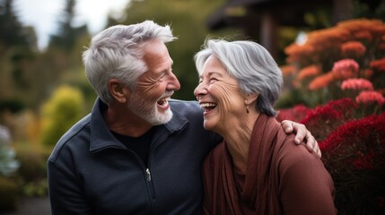 Elderly couple cuddled in nature spending happy and fun time