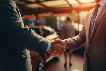 Business executives exchange greetings with a handshake - obrazy, fototapety, plakaty