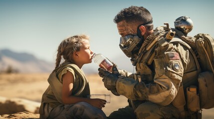 Fototapeta premium Captivating image: A little ethnic boy sips fresh water near a brave military man in a desert refugee camp. Capture the essence of humanitarian cooperation