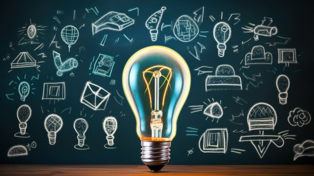 Light bulb symbol representing a bright idea in front of a blue board