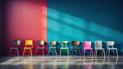 modern design of chairs in various colors artfully arranged in front of a gradient gray wall. This composition highlights the chairs' aesthetic appeal and their potential to enhance interior spaces.