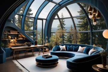 Deep blue living room in a round room. - obrazy, fototapety, plakaty
