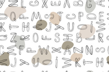 Letters of the English alphabet. Seamless pattern. A set of decorative letters drawn in one continuous line. Pastel spots on a white background. Vector illustration