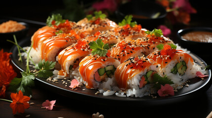 Fresh sushi rolls with raw fish and rice on dark background, generative ai