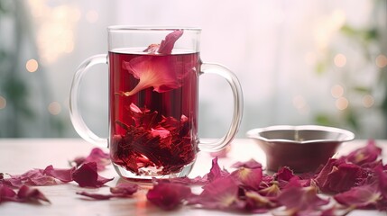a glass cup filled with deep red Hibiscus tea, accompanied by a fresh hibiscus flower and a scattering of dried hibiscus petals on a pristine white surface, emphasizing the tea's vivid color - obrazy, fototapety, plakaty