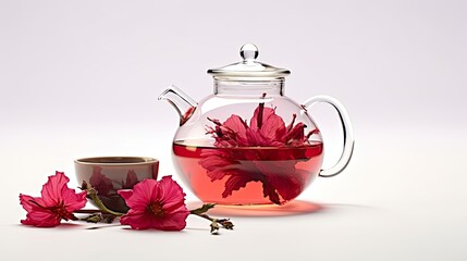 a glass cup filled with deep red Hibiscus tea, accompanied by a fresh hibiscus flower and a scattering of dried hibiscus petals on a pristine white surface, emphasizing the tea's vivid color