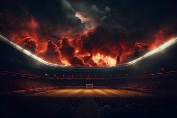 Scary dramatic red clouds hanging over the stadium. Spectators watching the game on the field at night. - obrazy, fototapety, plakaty