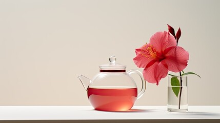 a glass cup filled with deep red Hibiscus tea, accompanied by a fresh hibiscus flower and a...
