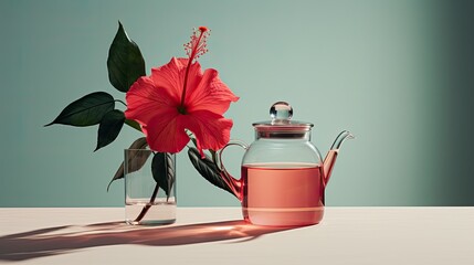 a glass cup filled with vibrant red Hibiscus tea, a matching teapot, and a single fresh hibiscus flower, all set against a solid, contrasting background.