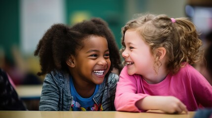 African American and Caucasian little girls having fun in the classroom