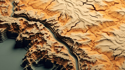 A whimsical 3D render of a fantasy topographic relief map, featuring intricate mountainous cracks and fantastical topography, bringing an imaginative world to life.